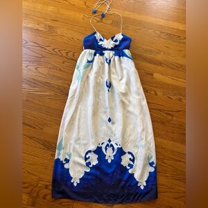 Lia Kes Blue and White Print Halter Silk Maxi Black Tie Prom Dress Size 2